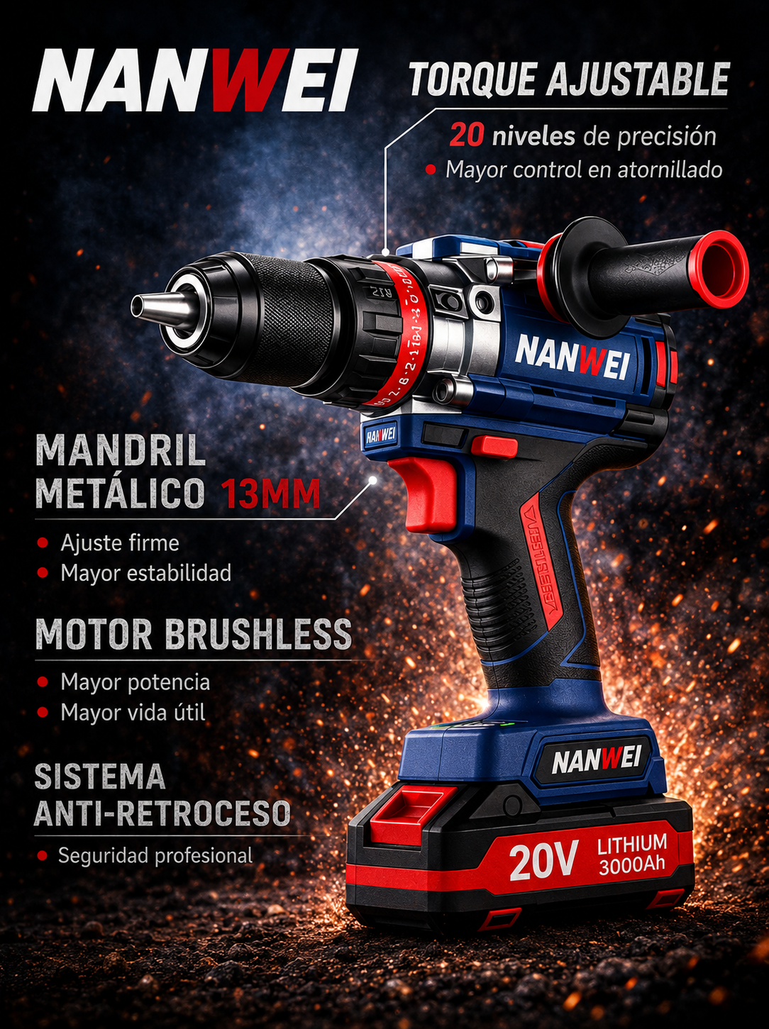 TALADRO DE IMPACTO INALÁMBRICO 20V BRUSHLESS – 160 N·m (NIVEL INDUSTRIAL)