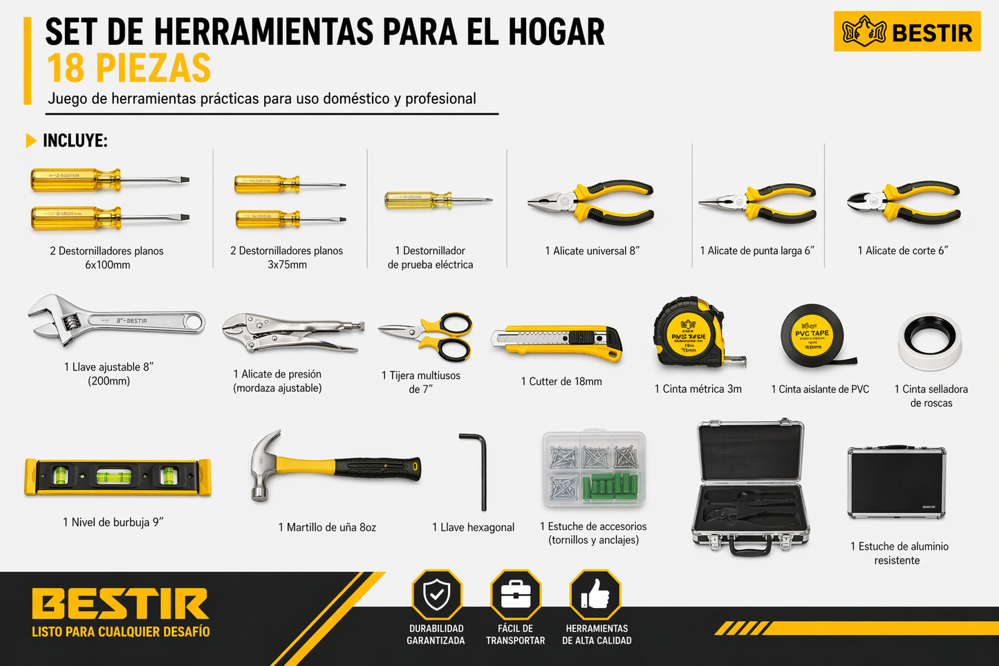 KIT DE HERRAMIENTAS 18 PIEZAS BESTIR – MALETÍN DE ALUMINIO