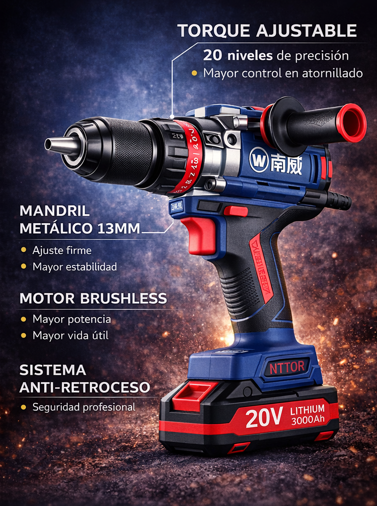 TALADRO DE IMPACTO INALÁMBRICO 20V BRUSHLESS – 160 N·m (NIVEL INDUSTRIAL)