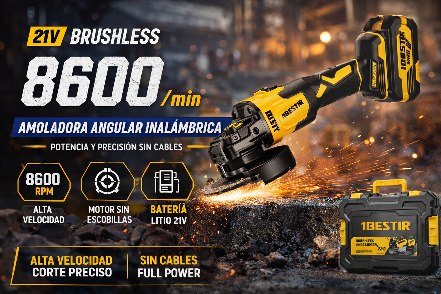 AMOLADORA ANGULAR INALÁMBRICA 21V BRUSHLESS – 8600 RPM