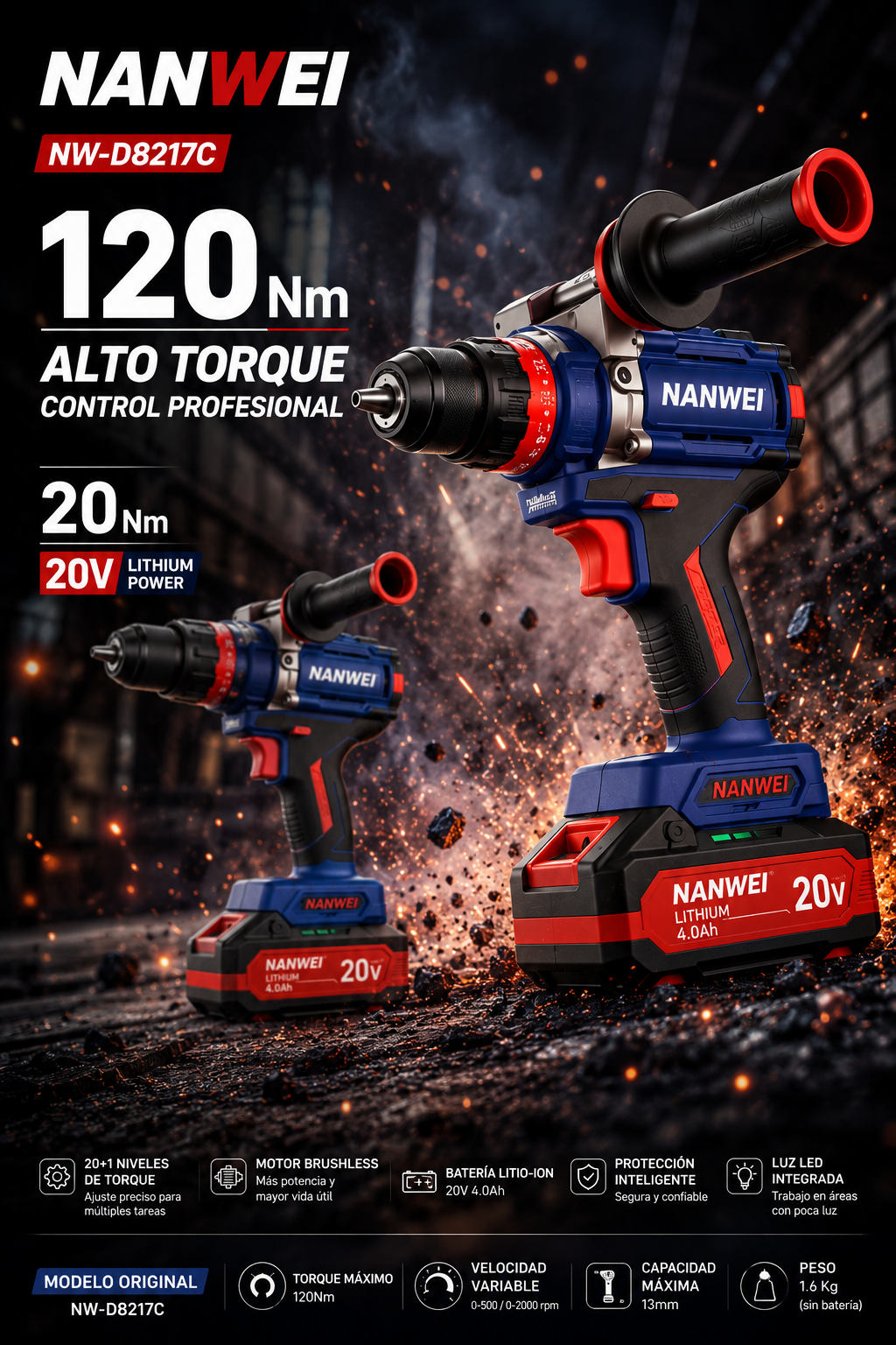 TALADRO DE IMPACTO INALÁMBRICO 20V BRUSHLESS – 120 N·m