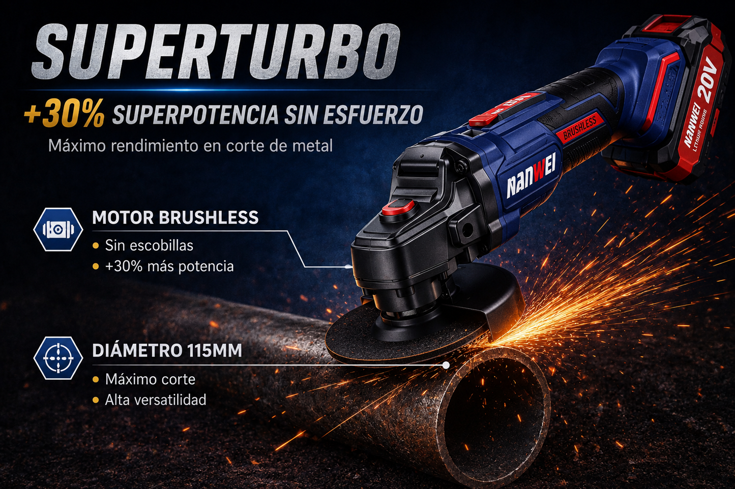 AMOLADORA ANGULAR INALÁMBRICA 20V BRUSHLESS - 125 mm ("5")
