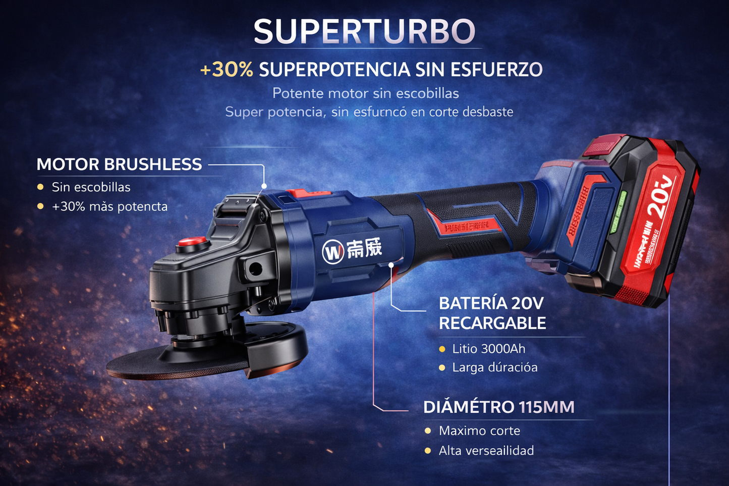 AMOLADORA ANGULAR INALÁMBRICA 20V BRUSHLESS - 125 mm ("5")