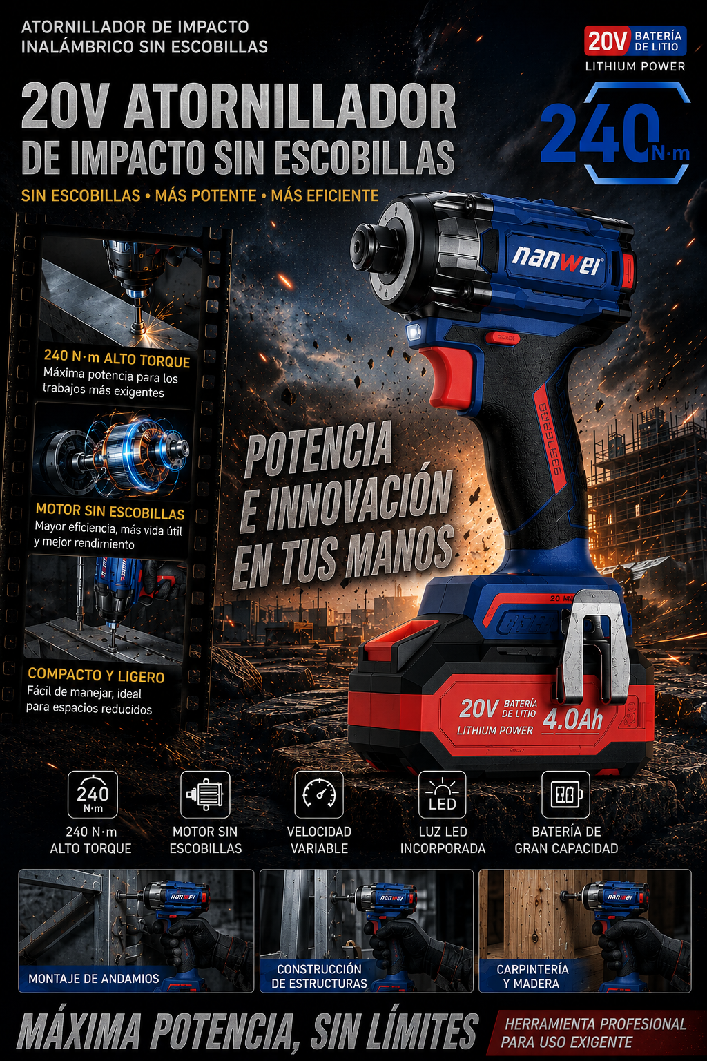 ATORNILLADOR DE IMPACTO INALÁMBRICO 20V BRUSHLESS – 240 N·m