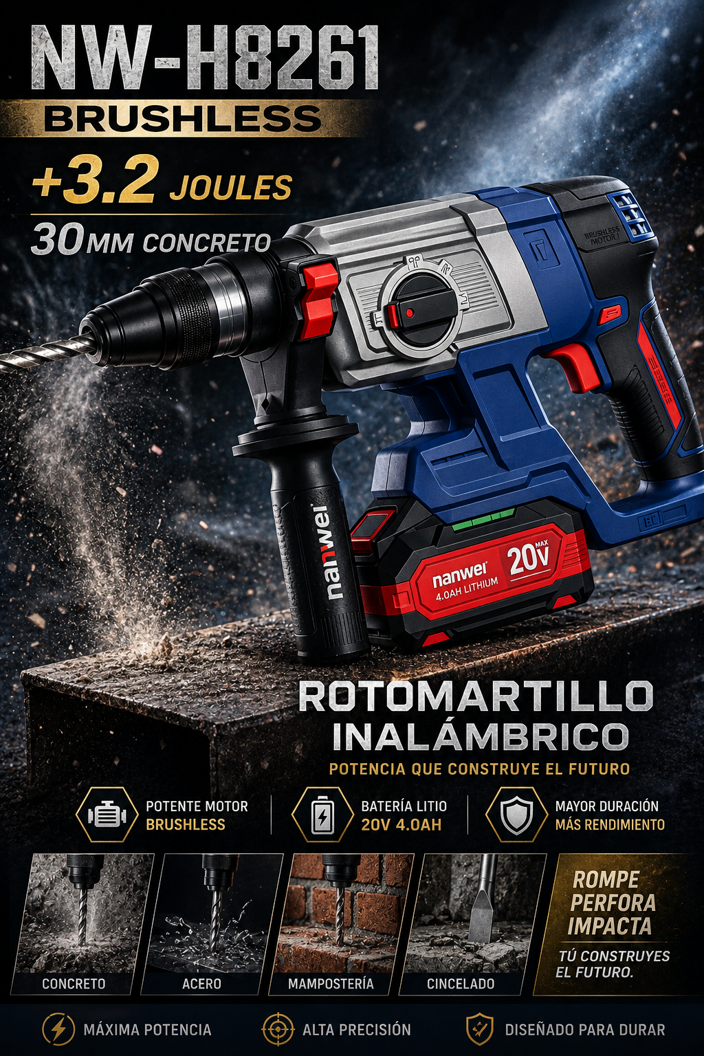 ROTOMARTILLO INALÁMBRICO 20V BRUSHLESS – PERFORACIÓN PROFESIONAL