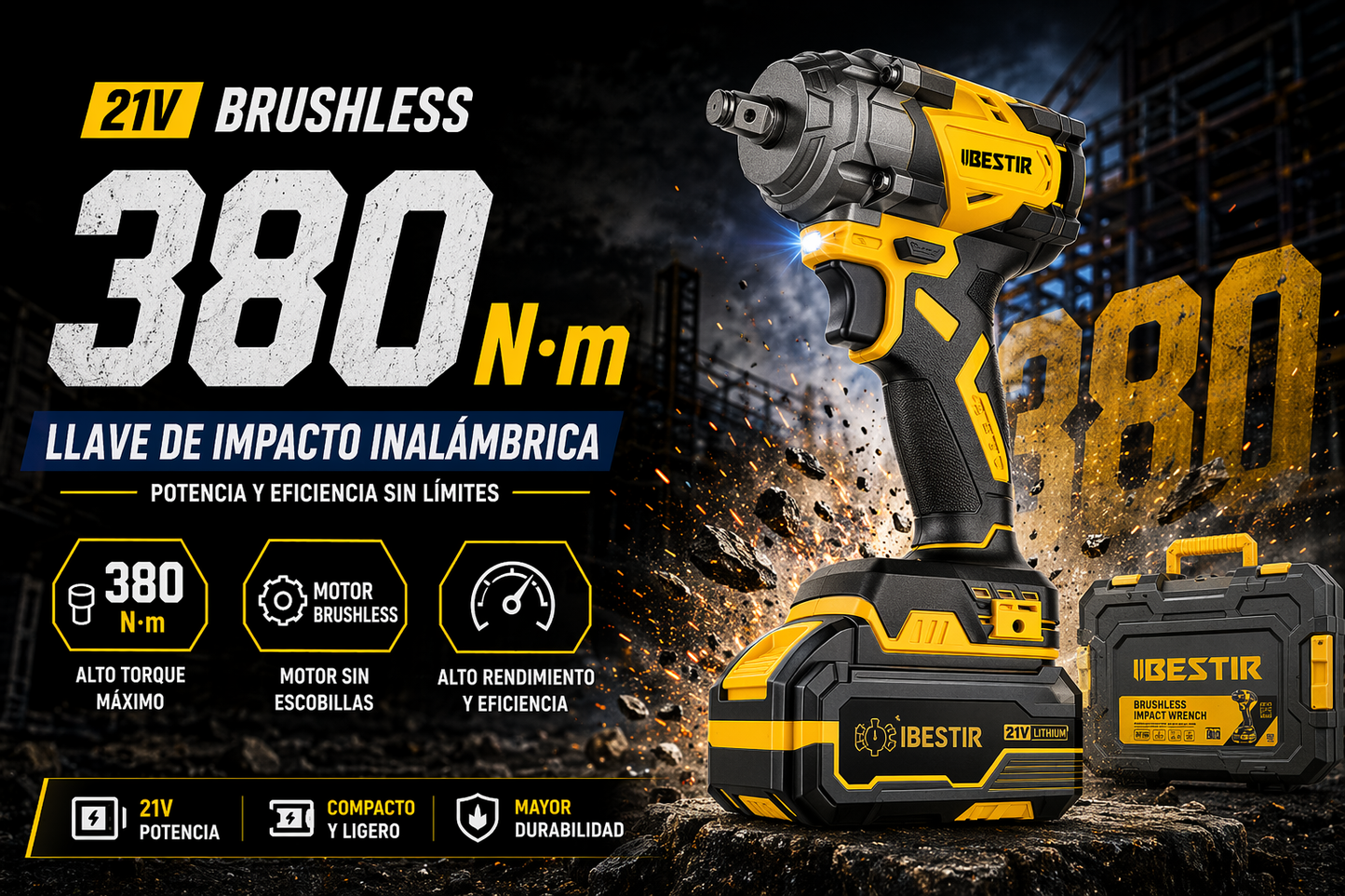 LLAVE DE IMPACTO INALÁMBRICA 21V BRUSHLESS – 380 N·m