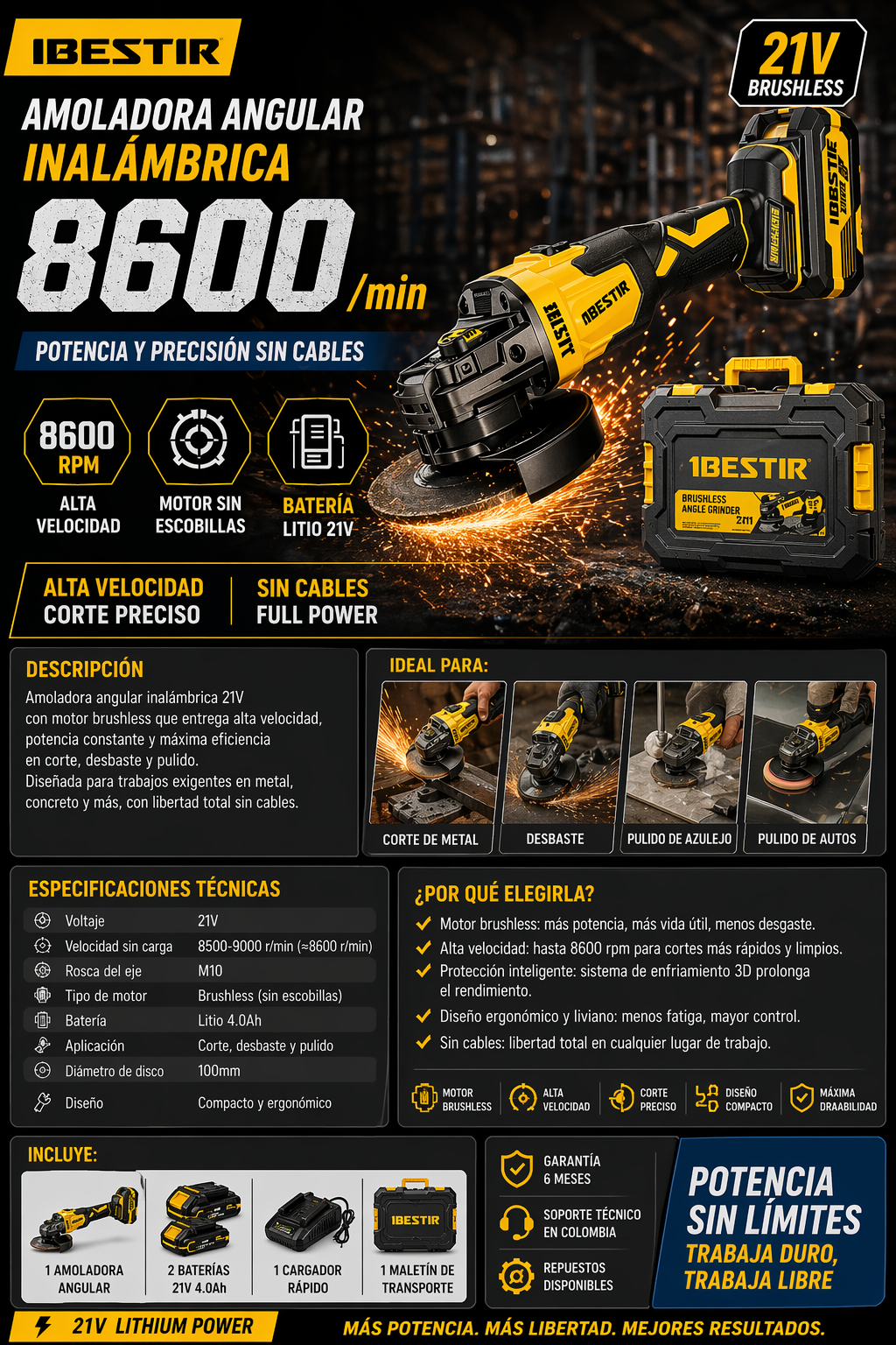 AMOLADORA ANGULAR INALÁMBRICA 21V BRUSHLESS – 8600 RPM