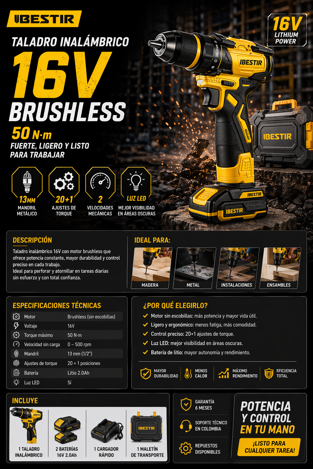 TALADRO INALÁMBRICO 16V BRUSHLESS – 50 N·m