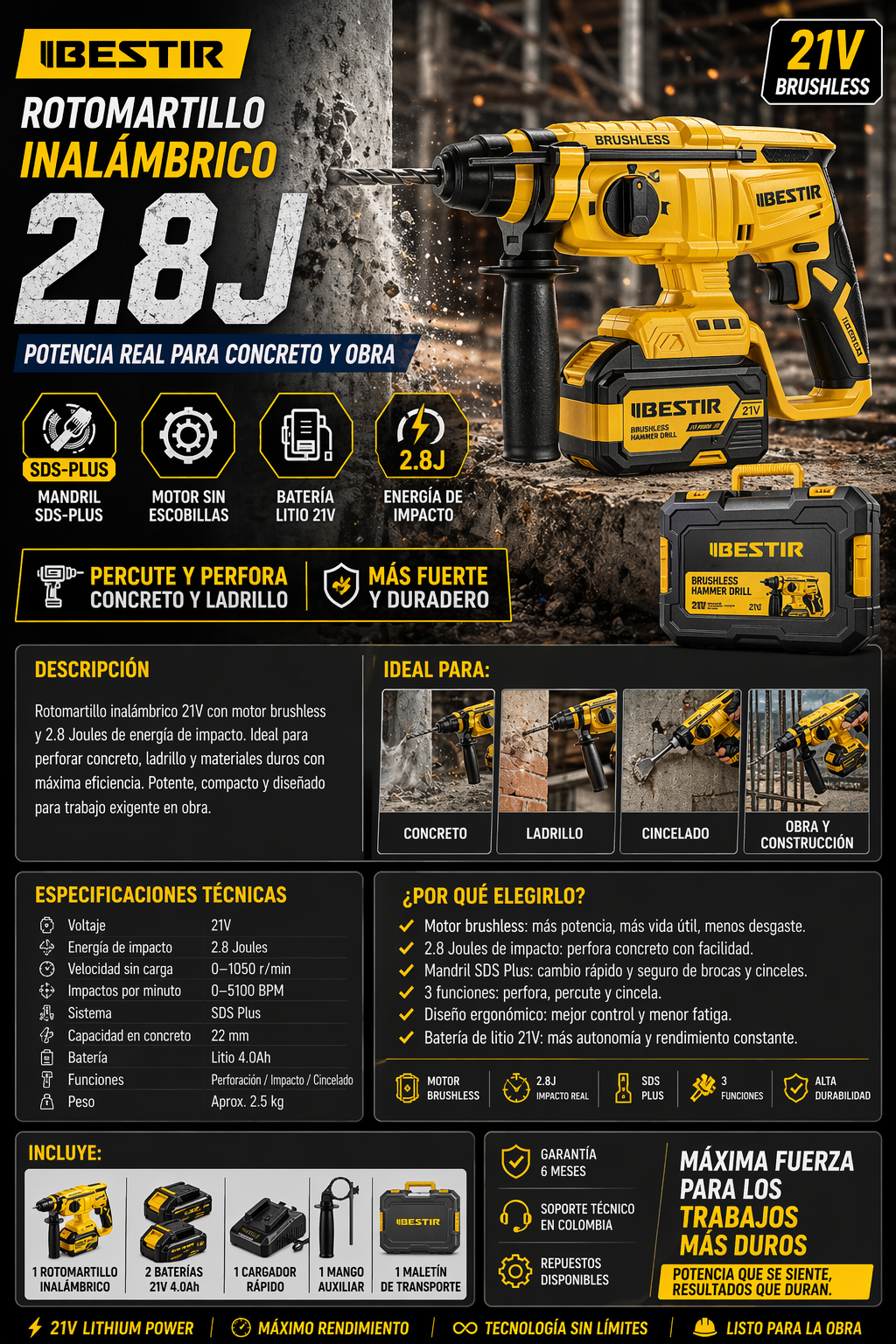 ROTOMARTILLO INALÁMBRICO 21V BRUSHLESS – 2.8J
