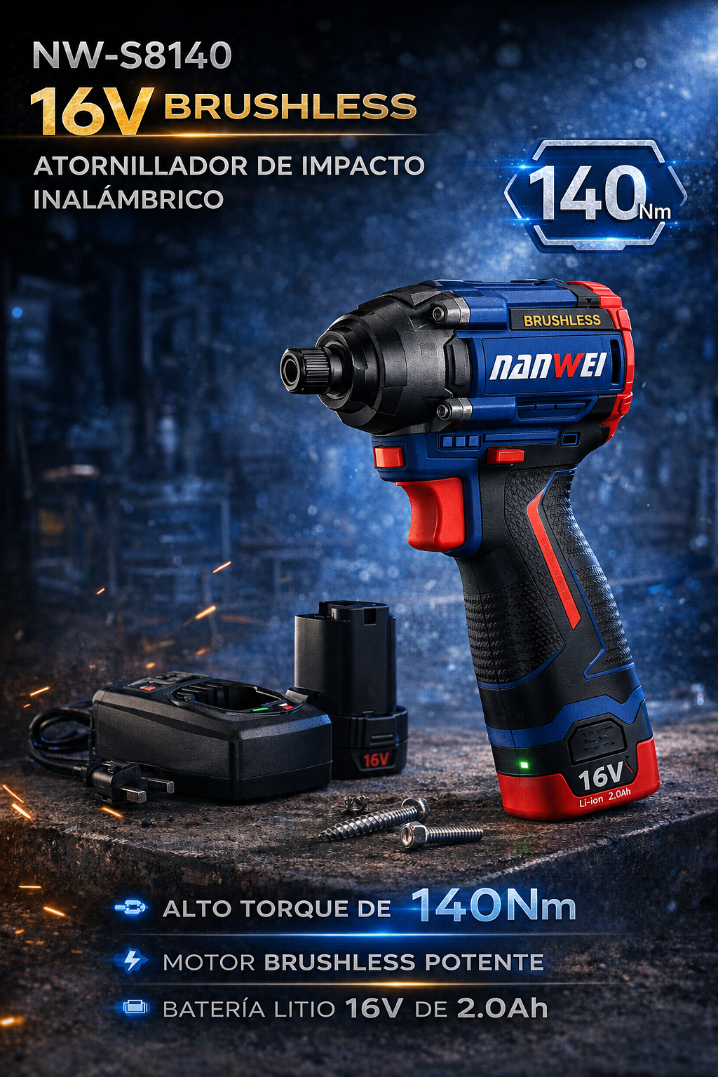 ATORNILLADOR DE IMPACTO INALÁMBRICO 16V BRUSHLESS – 140 N·m