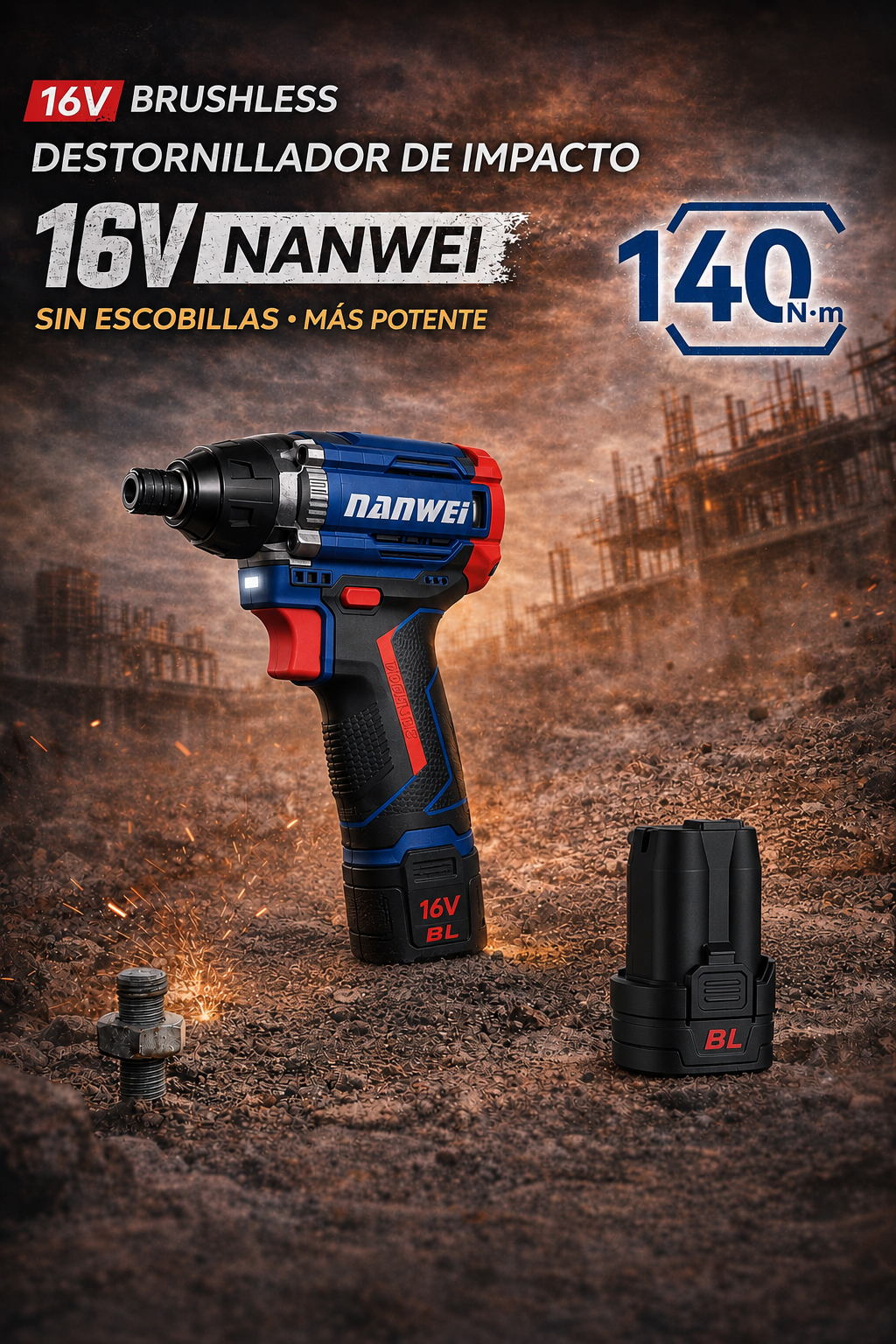 ATORNILLADOR DE IMPACTO INALÁMBRICO 16V BRUSHLESS – 140 N·m