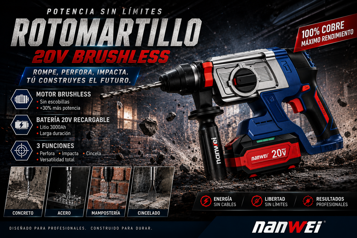 ROTOMARTILLO INALÁMBRICO 20V BRUSHLESS – PERFORACIÓN PROFESIONAL