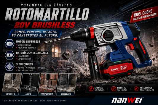 ROTOMARTILLO INALÁMBRICO 20V BRUSHLESS – PERFORACIÓN PROFESIONAL