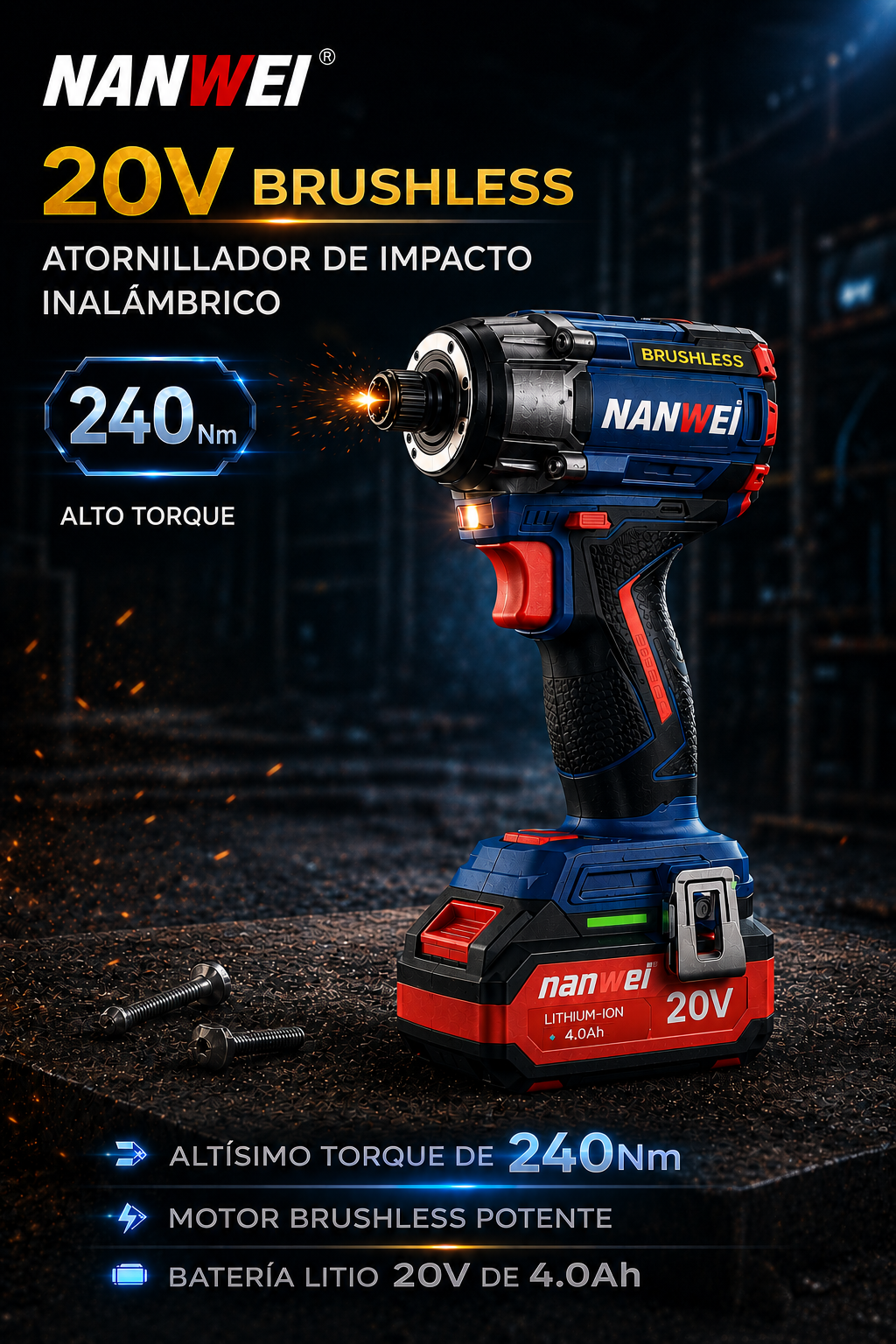 ATORNILLADOR DE IMPACTO INALÁMBRICO 20V BRUSHLESS – 240 N·m