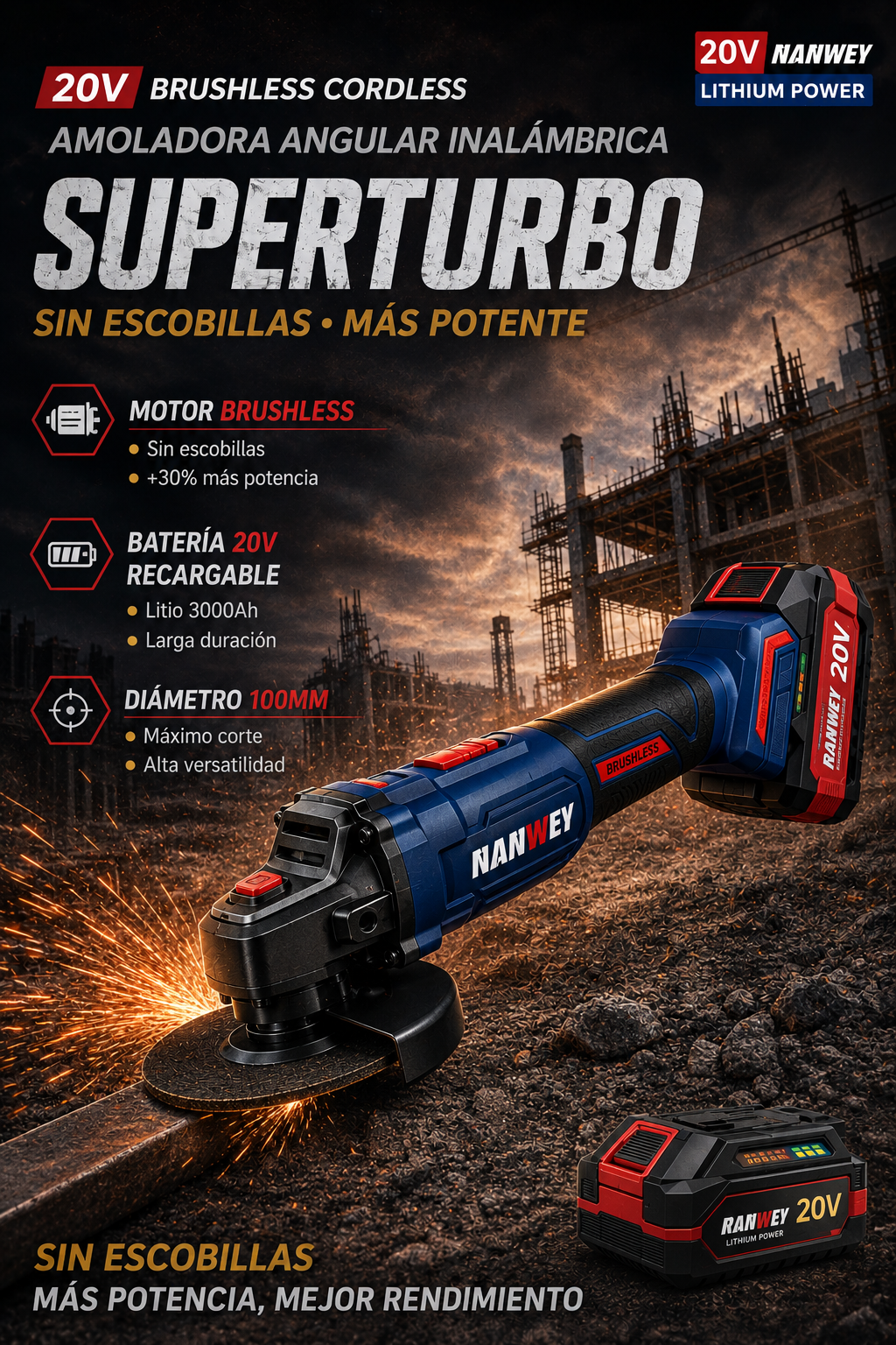 AMOLADORA ANGULAR INALÁMBRICA 20V BRUSHLESS - 100 mm ("4.5")