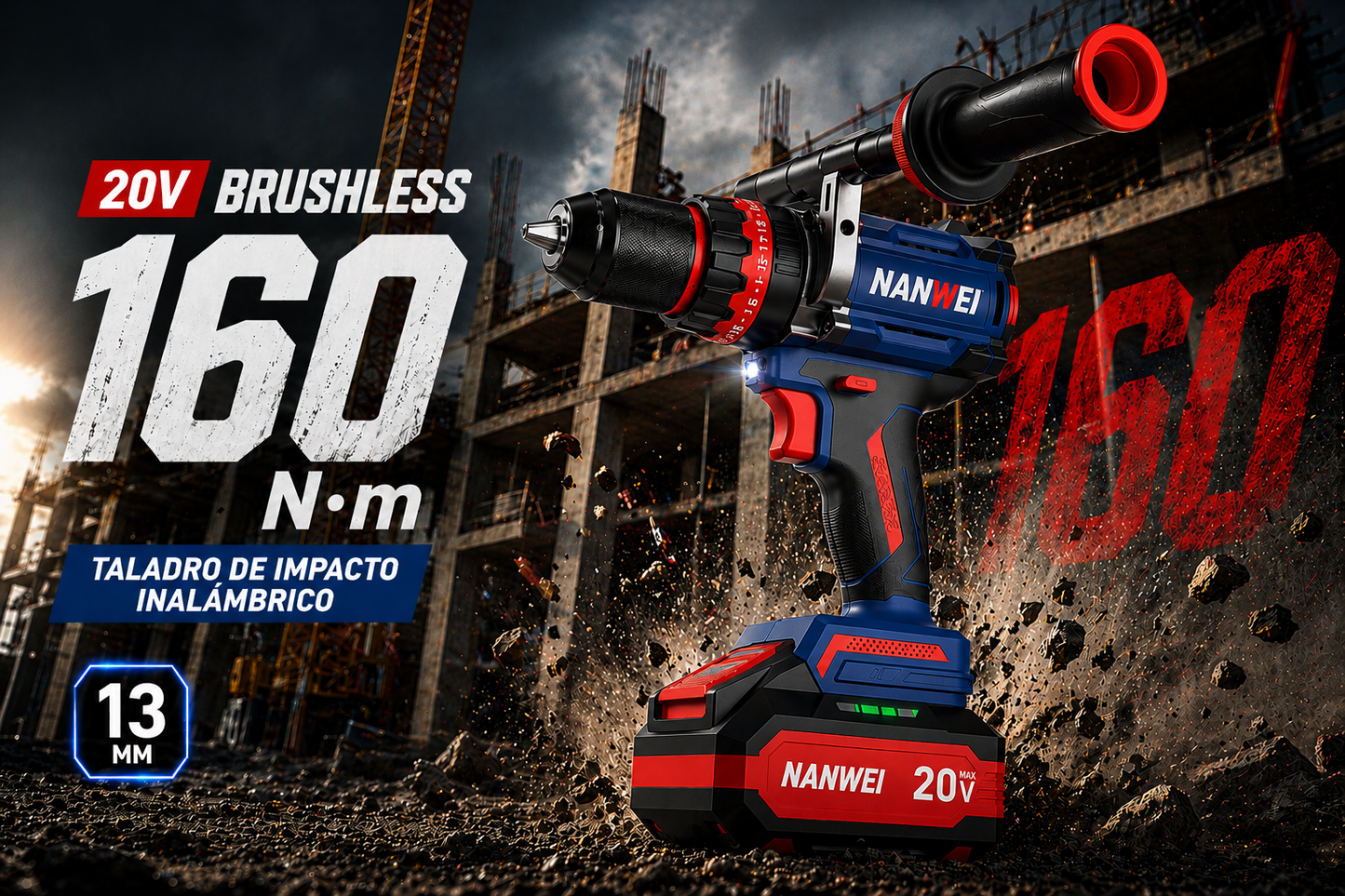 TALADRO DE IMPACTO INALÁMBRICO 20V BRUSHLESS – 160 N·m (NIVEL INDUSTRIAL)
