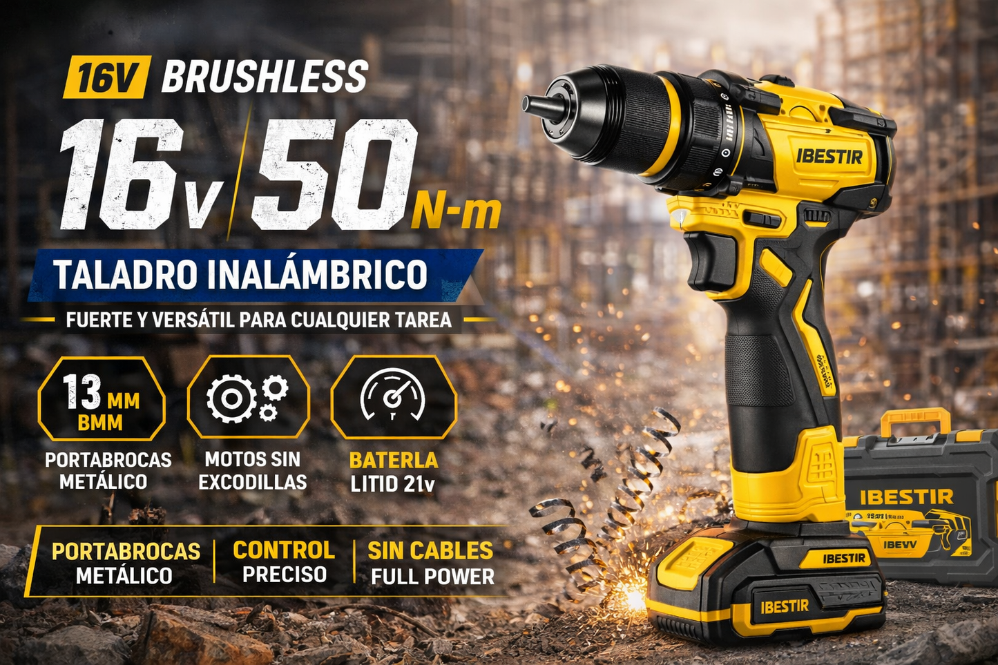 TALADRO INALÁMBRICO 16V BRUSHLESS – 50 N·m