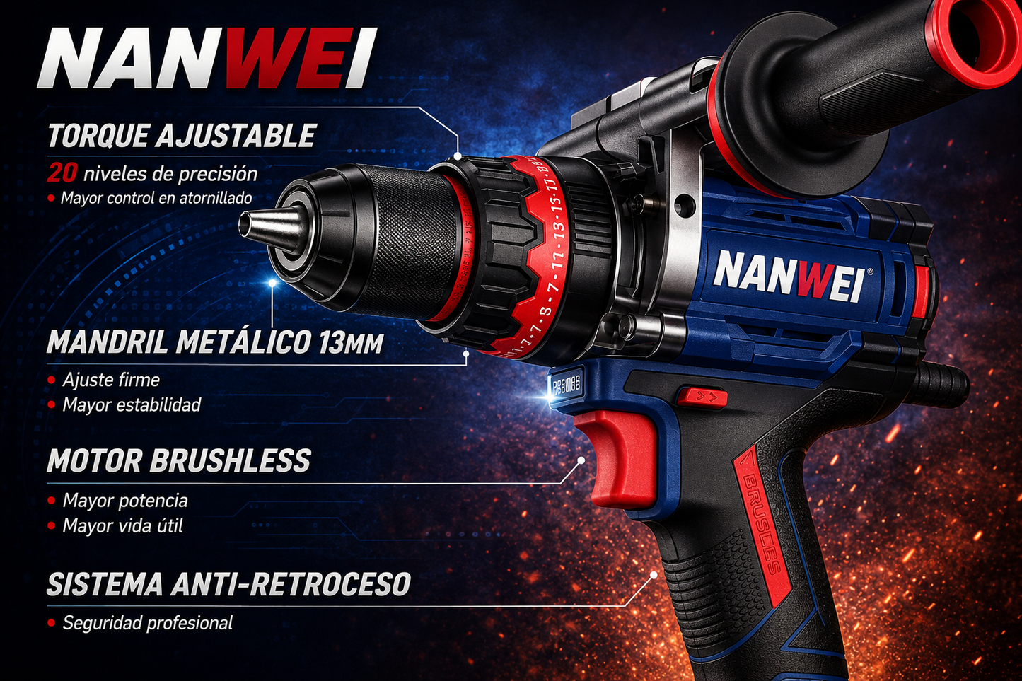 TALADRO DE IMPACTO INALÁMBRICO 20V BRUSHLESS – 160 N·m (NIVEL INDUSTRIAL)