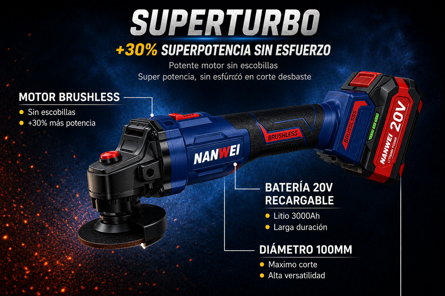 AMOLADORA ANGULAR INALÁMBRICA 20V BRUSHLESS - 100 mm ("4.5")