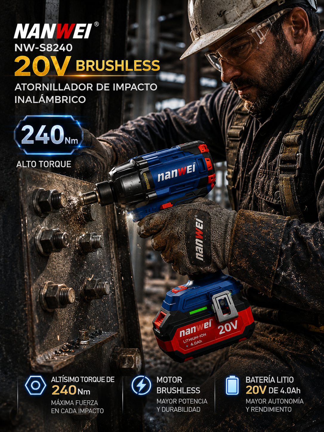 ATORNILLADOR DE IMPACTO INALÁMBRICO 20V BRUSHLESS – 240 N·m
