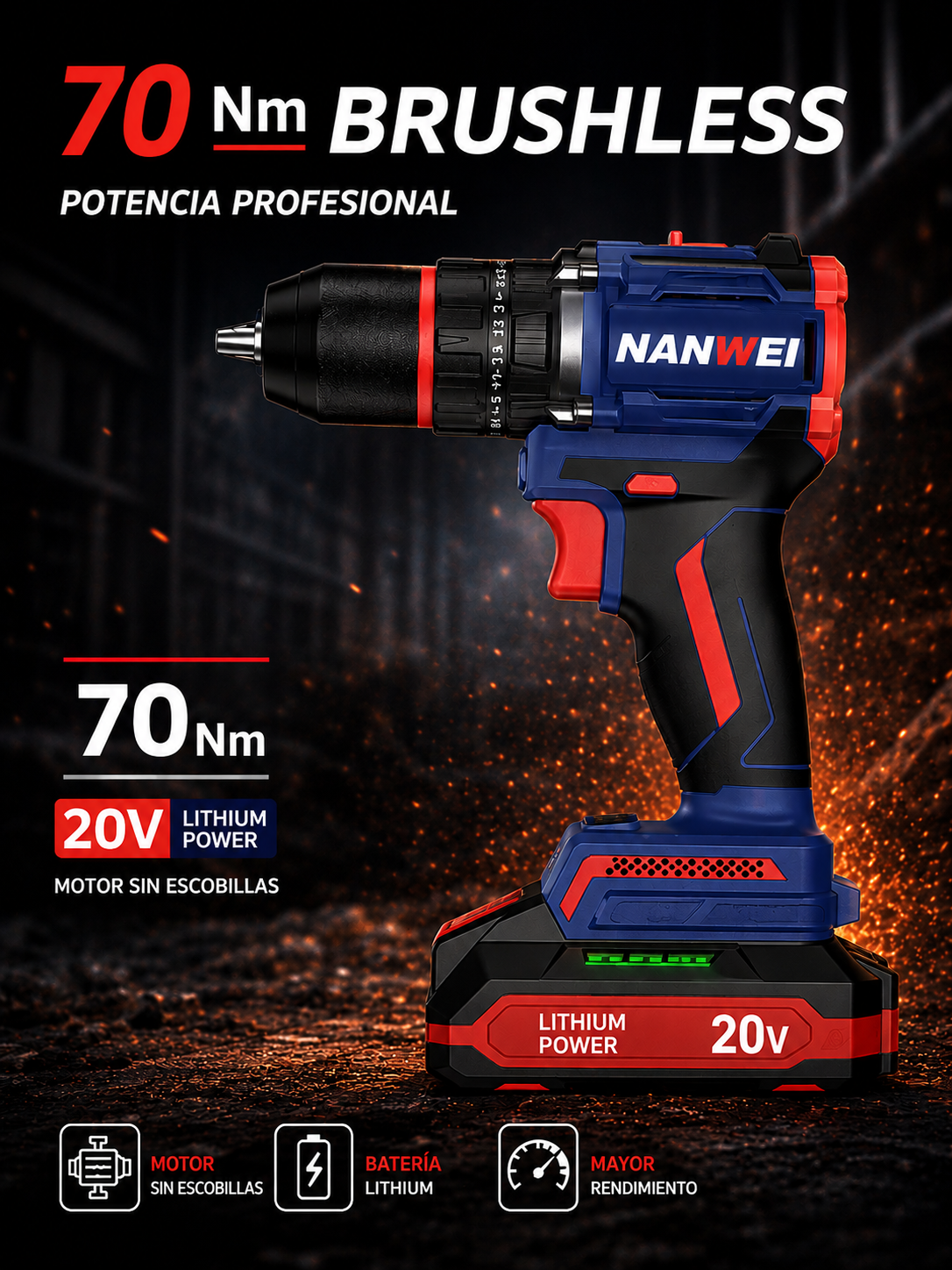 TALADRO DE IMPACTO INALÁMBRICO 20V BRUSHLESS – 70 N·m