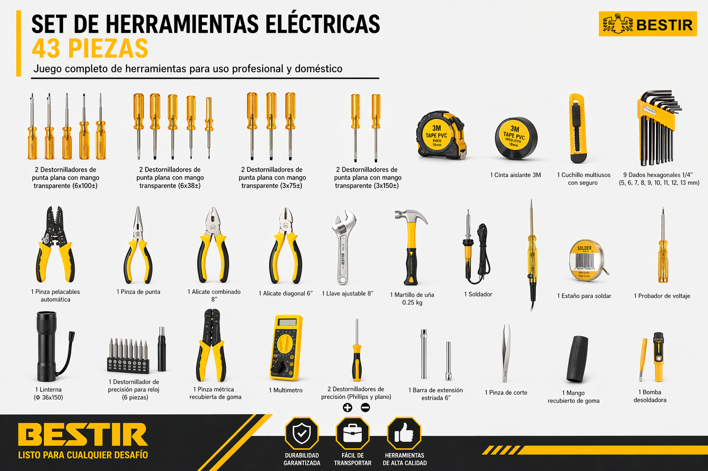 KIT TÉCNICO COMPLETO DE HERRAMIENTAS 43 PIEZAS BESTIR