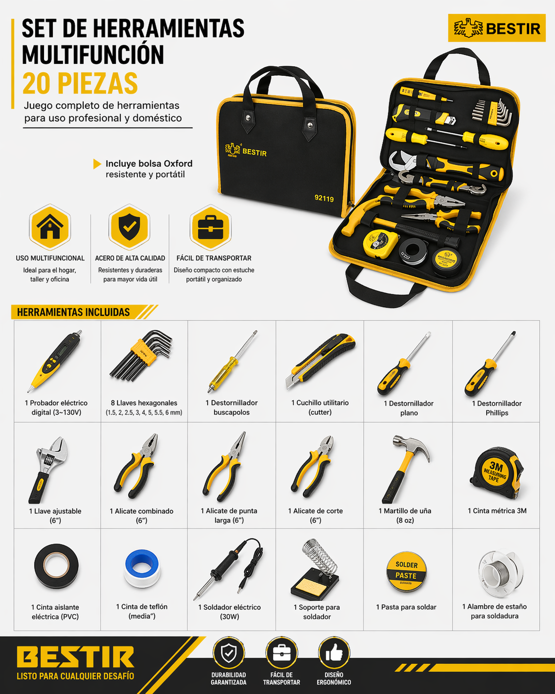KIT DE HERRAMIENTAS PORTÁTIL MULTIFUNCIÓN  20 PIEZAS BESTIR