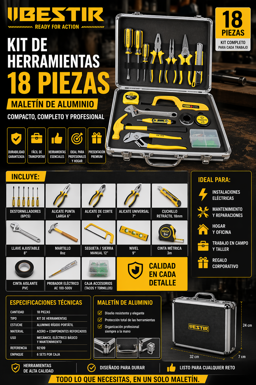 KIT DE HERRAMIENTAS 18 PIEZAS BESTIR – MALETÍN DE ALUMINIO