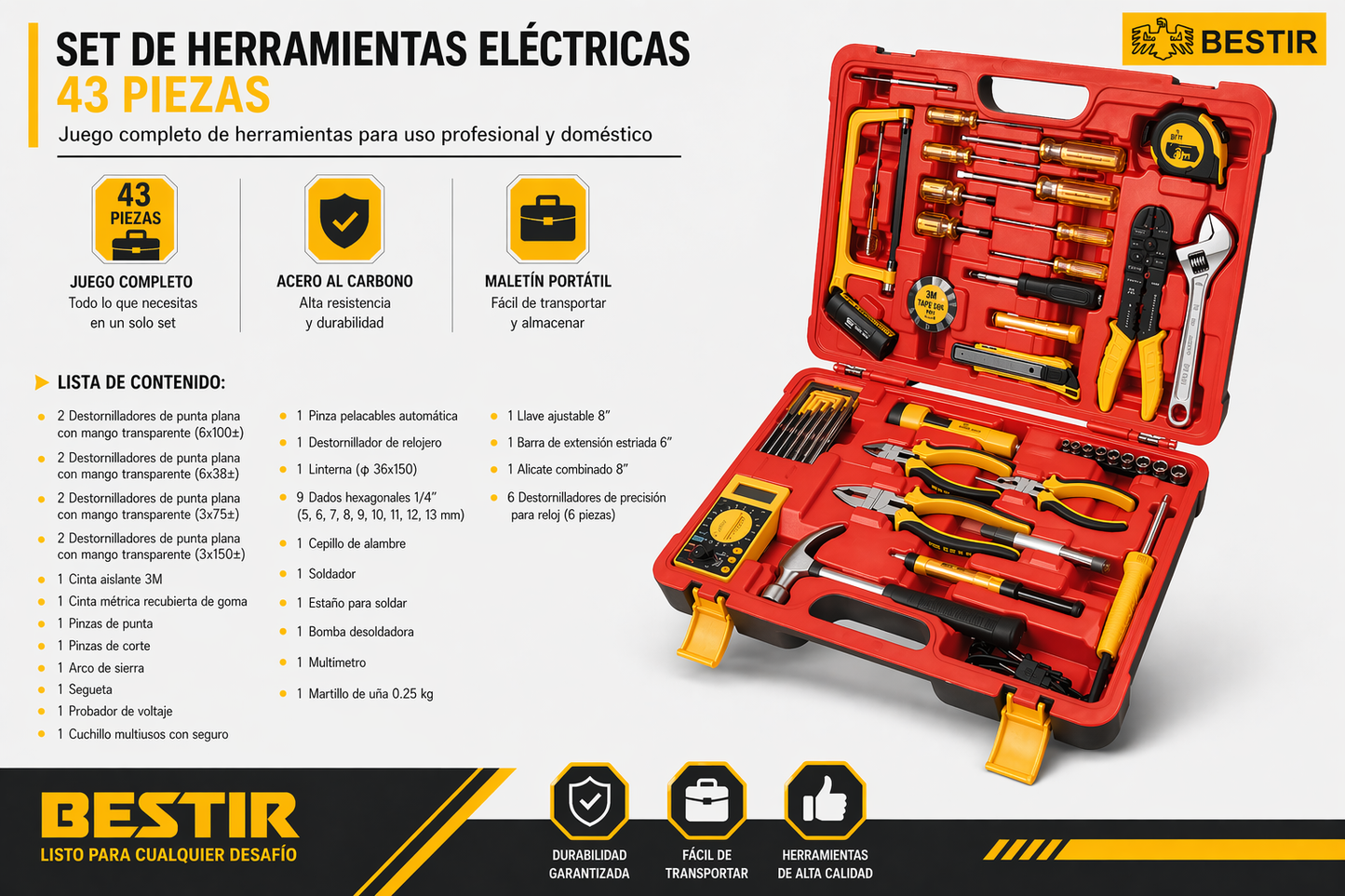 KIT TÉCNICO COMPLETO DE HERRAMIENTAS 43 PIEZAS BESTIR