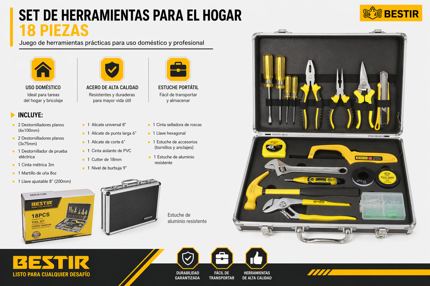 KIT DE HERRAMIENTAS 18 PIEZAS BESTIR – MALETÍN DE ALUMINIO