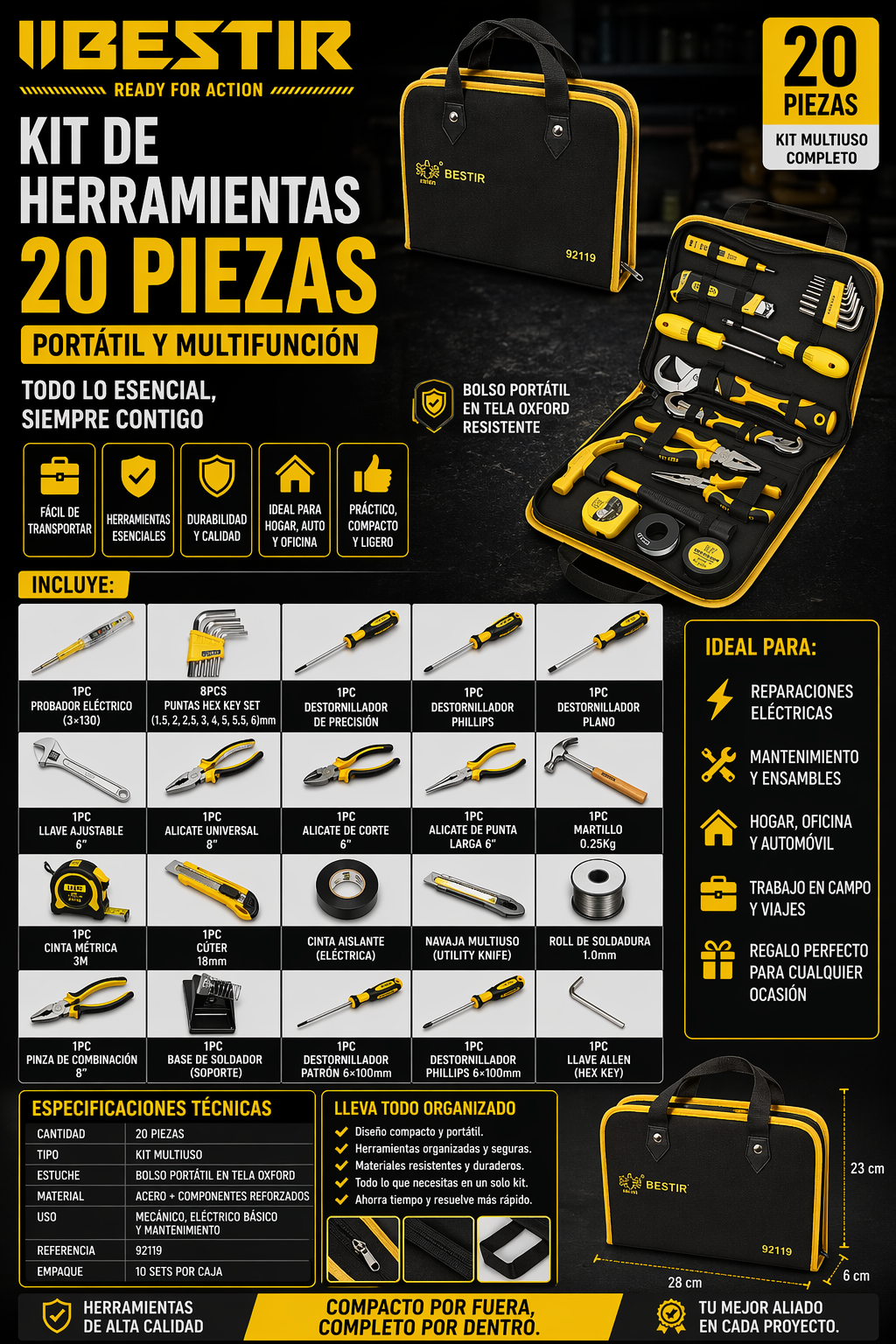 KIT DE HERRAMIENTAS PORTÁTIL MULTIFUNCIÓN  20 PIEZAS BESTIR