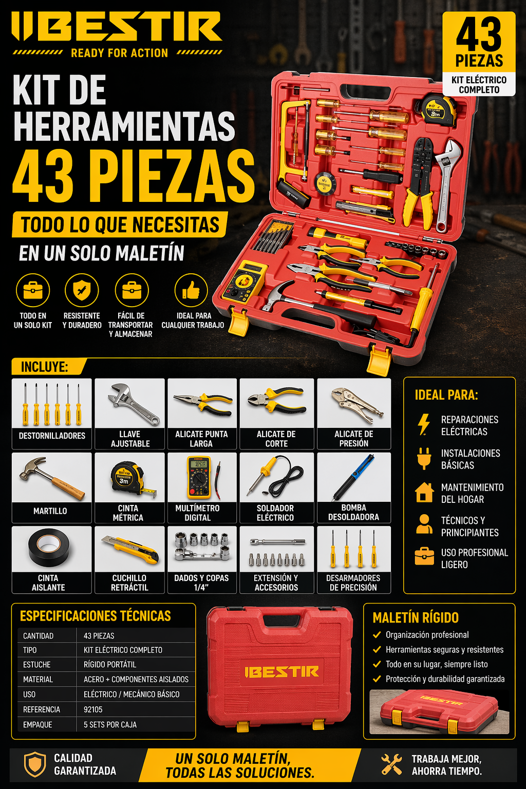 KIT TÉCNICO COMPLETO DE HERRAMIENTAS 43 PIEZAS BESTIR