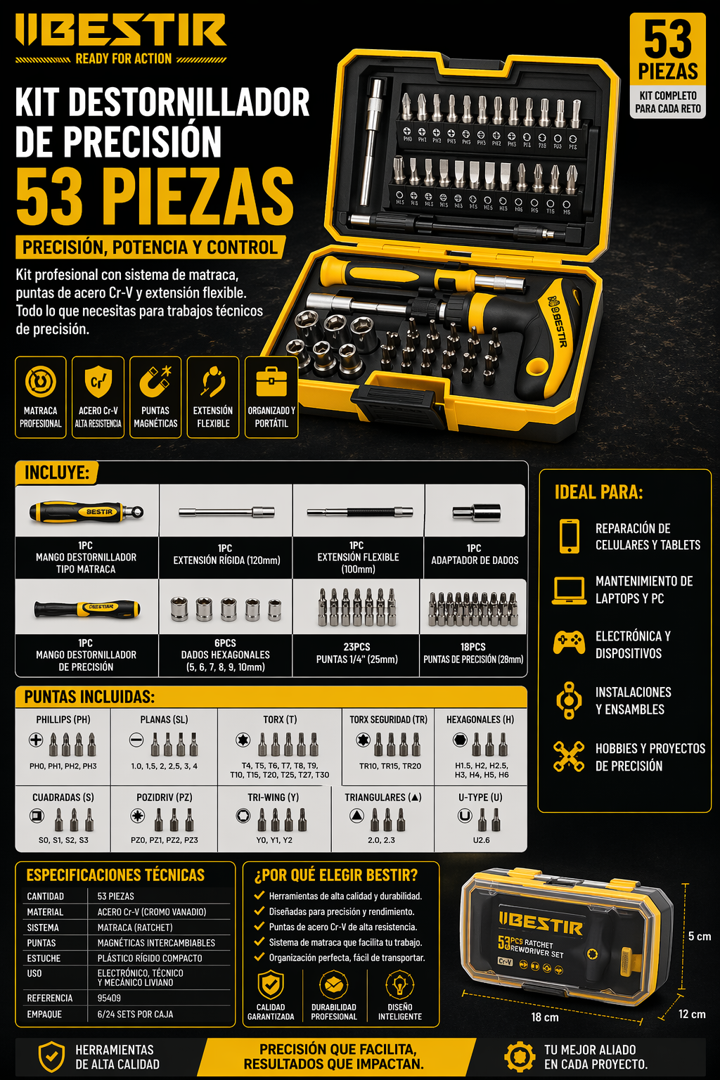 KIT DESTORNILLADOR DE PRECISIÓN PRO 53 PIEZAS BESTIR